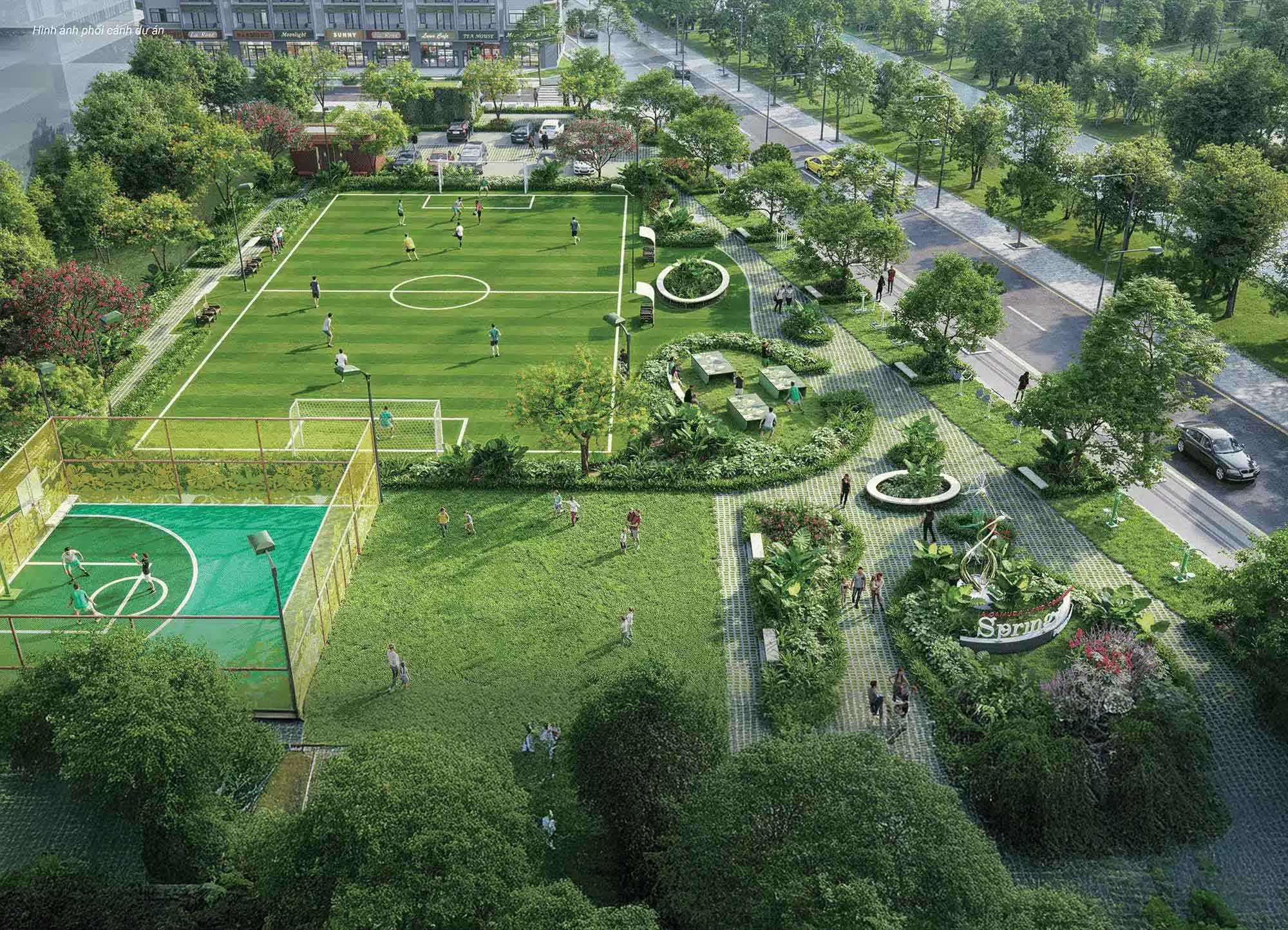 Hệ thống sân thể thao ngoài trời tại Vinhomes Global Gate – gồm tennis, cầu lông, bóng rổ… được quy hoạch đồng bộ trong không gian sinh thái xanh