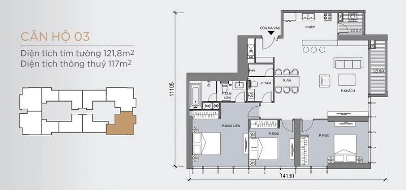 Mặt bằng điển hình mẫu căn hộ 3 phòng ngủ One Central SaiGon