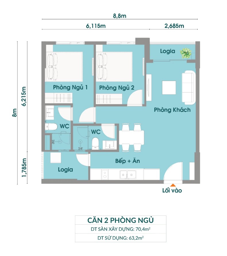 layout căn hộ 2PN Signature CityView