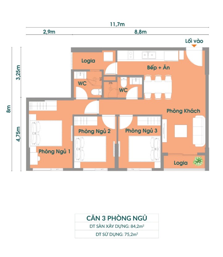 mặt bằng căn hộ 3PN cityview signature