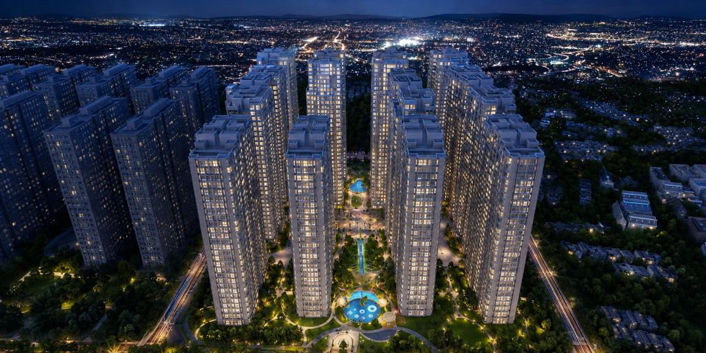 Phối cảnh minh họa tổ hợp căn hộ cao tầng về đêm, tham khảo phong cách phát triển dự kiến tại khu vực vị trí Vinhomes Kỳ Hòa